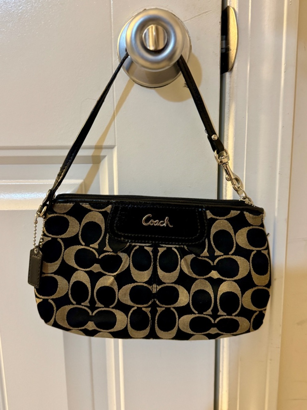 Authentic Coach Black and Tan Signature Canvas Wristlet